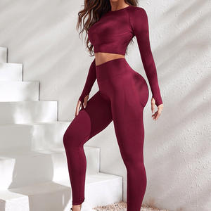 Ensemble de vêtements de sport pour femmes avec logo personnalisé, 2 pièces, haut à manches longues sans couture, veste de sport, ensemble de leggings de yoga pour femmes, ensemble de leggings de fitness pour femmes - Product Image 3