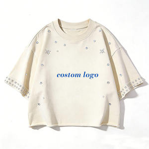 T-shirt surdimensionné personnalisé pour femme avec strass, manches courtes en coton, manches cloutées, style streetwear, fabricant OEM en gros - Product Image 2