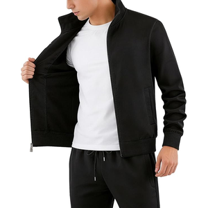 Ensemble de survêtement tricoté noir pour homme, fermeture éclair intégrale, couleur unie, tenue décontractée, saison automne, sweat-shirt à col montant et pantalon - Product Image 3