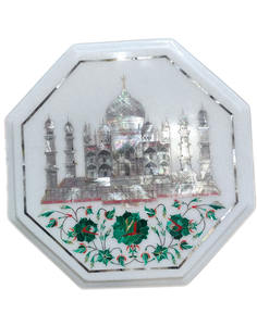 Plateau de table circulaire / Assiette décorative en agate sculptée à la main avec incrustation Taj Mahal, fournisseur indien (Origine Delhi) - Product Image 4
