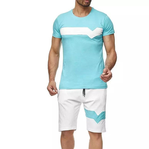 Ensemble T-shirt et short pour homme, bleu clair et blanc, respirant, 100% coton, col rond, séchage rapide, tricoté, décontracté, pour l'été - Product Image 1