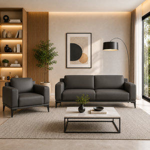 Ensemble de canapés en cuir marron de luxe moderne INTELLIGENTIA WOODS avec fauteuil d'appoint et table basse à plateau en marbre |   Salon haut de gamme pour la maison - Product Image 1