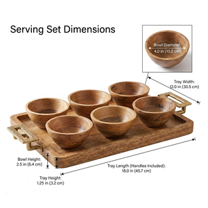 Premium Wood <b>Serving</b> <b>Set</b>: 6 Round Handcrafted Bowls On A Rectangular Tray With Brass Handles. Ideal For Appetizers And <b>Serving</b> - Product Image 3