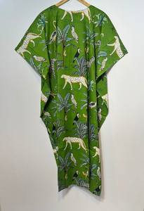 Nuevo Kaftán con Estampado Animal, Cuello en V, Cordón Ajustable, Estilo Flare, de Algodón Suave Indio, con Encaje, Largo, para Playa o Dama de Honor - Product Image 3