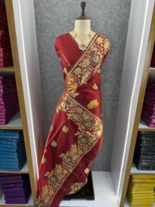 <b>Purple</b> Silk <b>Saree</b> With Gold Floral Embroidery Traditional Wedding Party Wear For Women India Pakistan Style - Product Image 3