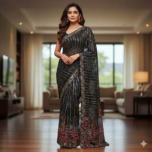 Sari Negro de Georgette Sintético con Lentejuelas y Bordado de Hilos Multicolor, con Blusa de Seda Banglori Satinada para Fiestas Glamurosas - Product Image 5