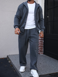 Men's Hooded Sweatshirt Set Gray 100% Cotton French Terry Fabric Breathable Casual Two-Piece Autumn Wear Hooded Two-Piece Set - Product Image 2