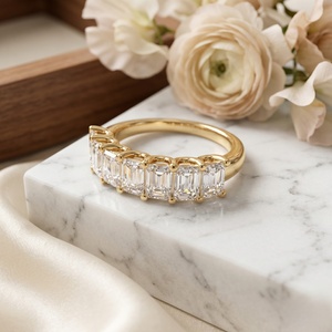 Anillo de media eternidad para mujer, de oro de 14k, con esmeraldas cultivadas en laboratorio, talla esmeralda, engaste de puntas, 3.50CTW, certificado - Product Image 2