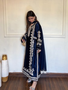 Satin Rayon Embroidered Long <b>Kaftan</b> <b>Top</b> Elastic Trousers Organza Lace Border Dupatta Three Piece Stitched Suit - Product Image 2