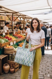 Sac fourre-tout moyen en coton 100% imprimé floral, fait main en Inde, avec bretelles, design bohème, réutilisable pour pique-nique - Product Image 4