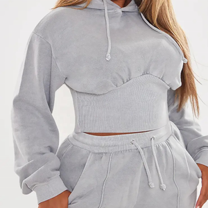 Women's Gray Hooded Crop Top & Matching <b>Sweatpants</b> <b>Set</b> Full Sleeve Loose Fit Casual Two Piece Tracksuit Solid Color Fleece <b>Set</b> - Product Image 3