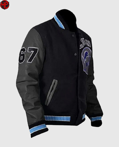 Blouson universitaire pour homme noir et crème avec manches en cuir, patch brodé lion et casque, boutons sur le devant, style preppy, vêtement d'extérieur automne - Product Image 5