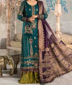 Ensemble shalwar kameez 3 pièces en chiffon traditionnel de haute qualité pour femmes, avec châle brodé pour mariage et fête - Product Image 4