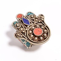 Bague en argent tibétain faite à la main avec pierres précieuses naturelles (turquoise, corail, lapis-lazuli), sertie en clos, mignonne, pour enfants, mariage, fête, style antique