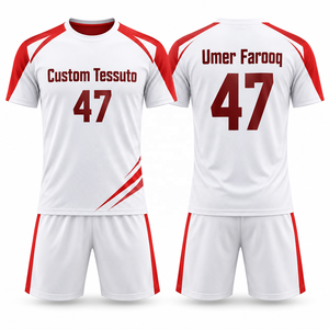 Conjunto de Uniforme de Fútbol TESSUTO Blanco y Rojo con Mangas Raglán, Jersey de Spandex y Poliéster, Pantalones Cortos, Cuello en V, Nombre y Número Personalizables, para Todas las Temporadas - Product Image 1
