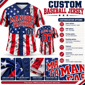 Maillot de baseball unisexe Mangoes Fashion, imprimé drapeau rouge, blanc et bleu, manches courtes, boutons sur le devant, respirant, écologique, sport - Product Image 6