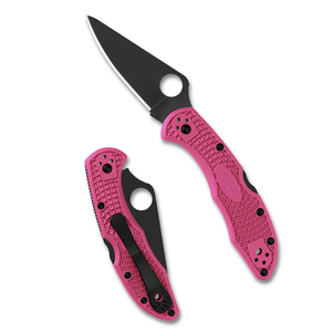 Navajas plegables con mango rosa, hoja negra de filo liso, orificio redondo para el pulgar, agarre texturizado y clip portátil para cinturón - Product Image 1