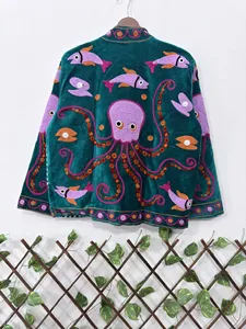 Premium Turquoise <b>Velvet</b> Embroidered Suzani <b>Jacket</b> with Octopus Pattern Full Sleeve Stand Collar Handmade Bohemian Autumn Coat - Product Image 5
