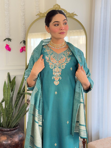 Best Women's Viscose Chanderi solid Straight Teal Blue <b>Kurti</b> with Pant And Naylon Jacquard Printed Dupatta Sets - Product Image 2