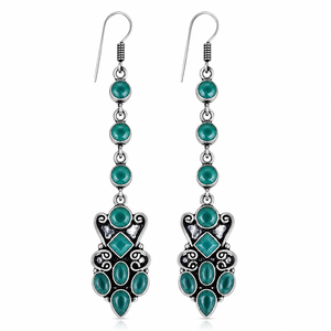 Boucles d'oreilles pendantes longues en zircon vert en gros |   Boucles d'oreilles pendantes bohèmes tendance en argent plaqué antique – Fournisseur en gros - Product Image 1