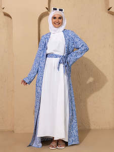 Women's Blue Paisley Print Abaya Floor Length Loose Fit Long Sleeve Modest Daily Wear Middle East Style Polyester Summer <b>Dress</b> - Product Image 3