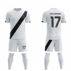 Ensemble de maillots de football personnalisés sublimés pour hommes, blanc et noir avec rayures diagonales, 100% polyester, respirant, manches courtes, uniformes - Product Image 1
