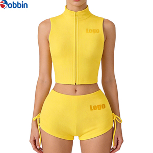 Conjunto de 2 Piezas de Chaqueta Corta y Pantalones Cortos Deportivos Casuales de Moda Hip Hop, Ajustados, de Spandex/Poliéster, con Cierre, para Mujer, Verano - Product Image 3