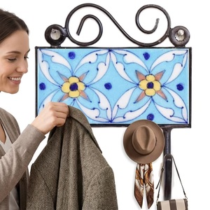 Ceramic Tile <b>Wall</b> Hook <b>Flower</b> Pattern 2 Hooks Vintage Style Handmade Eco-Friendly Waterproof Adjustable Self-adhesive Decorative - Product Image 2