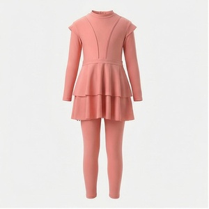 Ensemble de yoga rose 2 pièces, col roulé, manches longues, volants, taille haute, vêtements de sport sans couture - Product Image 1