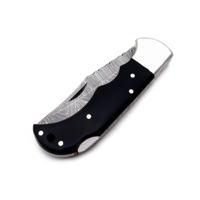 Couteau de poche pliable artisanal en acier Damas, manche en bois, couteau de chasse et de camping, système de verrouillage Black Horn, étui en cuir, MORTAL SAGA