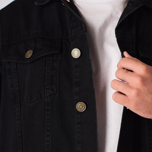 Wholesale Polyester/Cotton <b>Men's</b> Denim Jacket Stand Collar Vintage Black Custom Plain Washed Front Logo Waterproof - Product Image 6