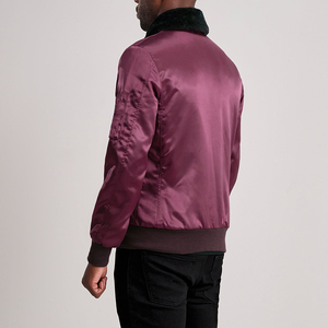 Men Classic Maroon Satin Bomber <b>Jacket</b> with Black Faux Fur Collar Zipper Up Shiny Silk Flight <b>Jacket</b> Casual Winter Outerwear - Product Image 4