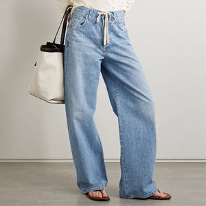 Jeans de Mezclilla para Mujer, de Alta Calidad, para Todas las Temporadas, Ligeros, Lavado Oscuro, con Botones, Logotipo Personalizado, Cintura Holgada, Corte Recto, Comodidad Media - Product Image 3