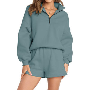 Ensemble de survêtement 2 pièces surdimensionné pour femme avec logo personnalisé, sweat-shirt à demi-zip et short, tenue de sport Maanify 2026 - Product Image 4