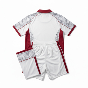 Ensemble d'uniformes de cricket personnalisés, imprimé marbré blanc et rouge, respirant, séchage rapide, polo, pantalon de survêtement, kit d'équipe - Product Image 2