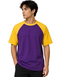 T-shirt Raglan Homme Manches Courtes Col Rond Coton Violet et Jaune Personnalisé Décontracté Streetwear Color Block - Product Image 1