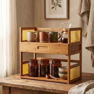 Wooden Three Tier <b>Storage</b> <b>Rack</b> For <b>Kitchen</b> Countertop Spice Organization Minimalist Style Durable Standing Type with drawer - Product Image 5