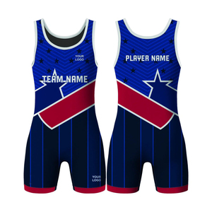 Combinaison de lutte personnalisée par sublimation pour hommes, motif étoiles bleues, rouges et blanches, en polyester et élasthanne anti-transpiration, tenue de sport pour adultes - Product Image 3