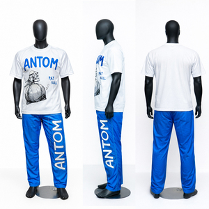 Nouvel Arrivage 2026 – Ensemble de Survêtement Vintage d'Été pour Homme : T-shirt Bleu Respirant en Polyester et Pantalon Évasé en Nylon - Product Image 1