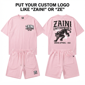 Men T Shirt and Short <b>Set</b> 340 GSM Premium Cotton Fleece Light Pink Custom Screen Print Puff Print Silicone Logo OEM ODM - Product Image 1
