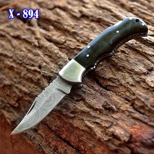 Cuchillo Plegable OEM de Acero de Damasco con Punta Caída, Mango de Micarta, Borde Biselado y Hoja Fija de 0.6mm de Grosor - Product Image 1