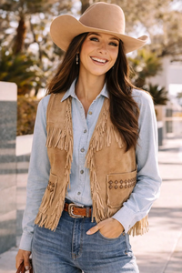 Chaleco de Cuero sin Mangas para Mujer con Cierre de Cremallera y Flecos, Cuello Redondo, Estilo Bohemio - Product Image 2