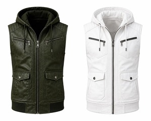 Gilet en cuir à capuche pour homme, fait main, en cuir véritable, veste sans manches pour motard - Product Image 4