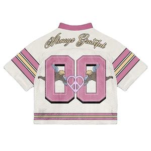 Camiseta de fútbol americano OEM con hombros caídos, cuello en V de malla, estilo urbano holgado, uniforme personalizado con panel de rayas rosas por sublimación - Product Image 2