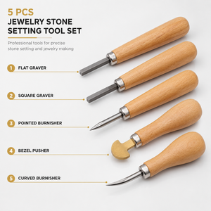 Juego profesional de 5 herramientas para engastar piedras de joyería - Kit de rodillos pulidores y empujadores de bisel con mango de madera y estuche de transporte incluido - Product Image 2