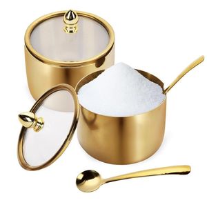 Luxury sugar container set gold kitchen jar set <b>spice</b> container set with <b>tray</b> condiment jar with lid spoon sugar bowl - Product Image 4