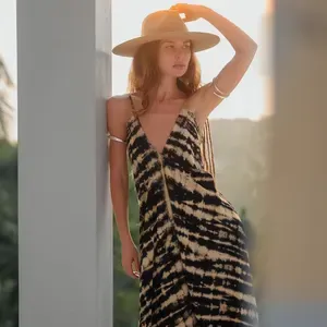 Ladies Bohemian Rayon Tie Dye Maxi Dress Sleeveless V Neck <b>Spaghetti</b> <b>Strap</b> Loose Flowing Summer Beach Holiday Casual Dress - Product Image 4