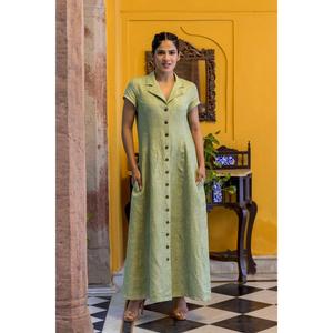 <b>Boho</b> Style Green Cotton Linen Maxi <b>Dress</b> V-neck Button Down Cap Sleeve Comfortable Loose Fit Long <b>Dress</b> - Product Image 1