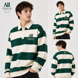 OEM Unisex Long Sleeve Rugby Polo Green Blue Brown Red Stripe Heavy Cotton Oversized Shirt Hoodies Factory - Product Image 2