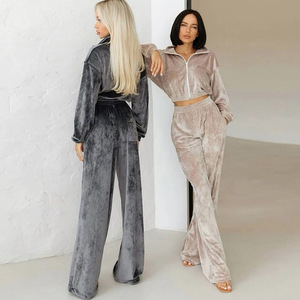 Ensemble de survêtement en velours pour femme, manches longues, couleur unie, fermeture éclair, col semi-zippé, coupe ample, décontracté, pour l'automne, avec poches latérales - Product Image 2